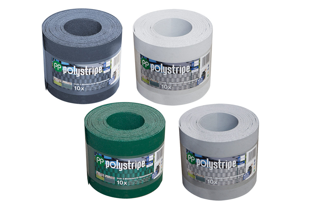 vier Sichtschutzrollen, jeweils in den Farben Anthrazit, Moosgrün, Lichtgrau und Fenstergrau